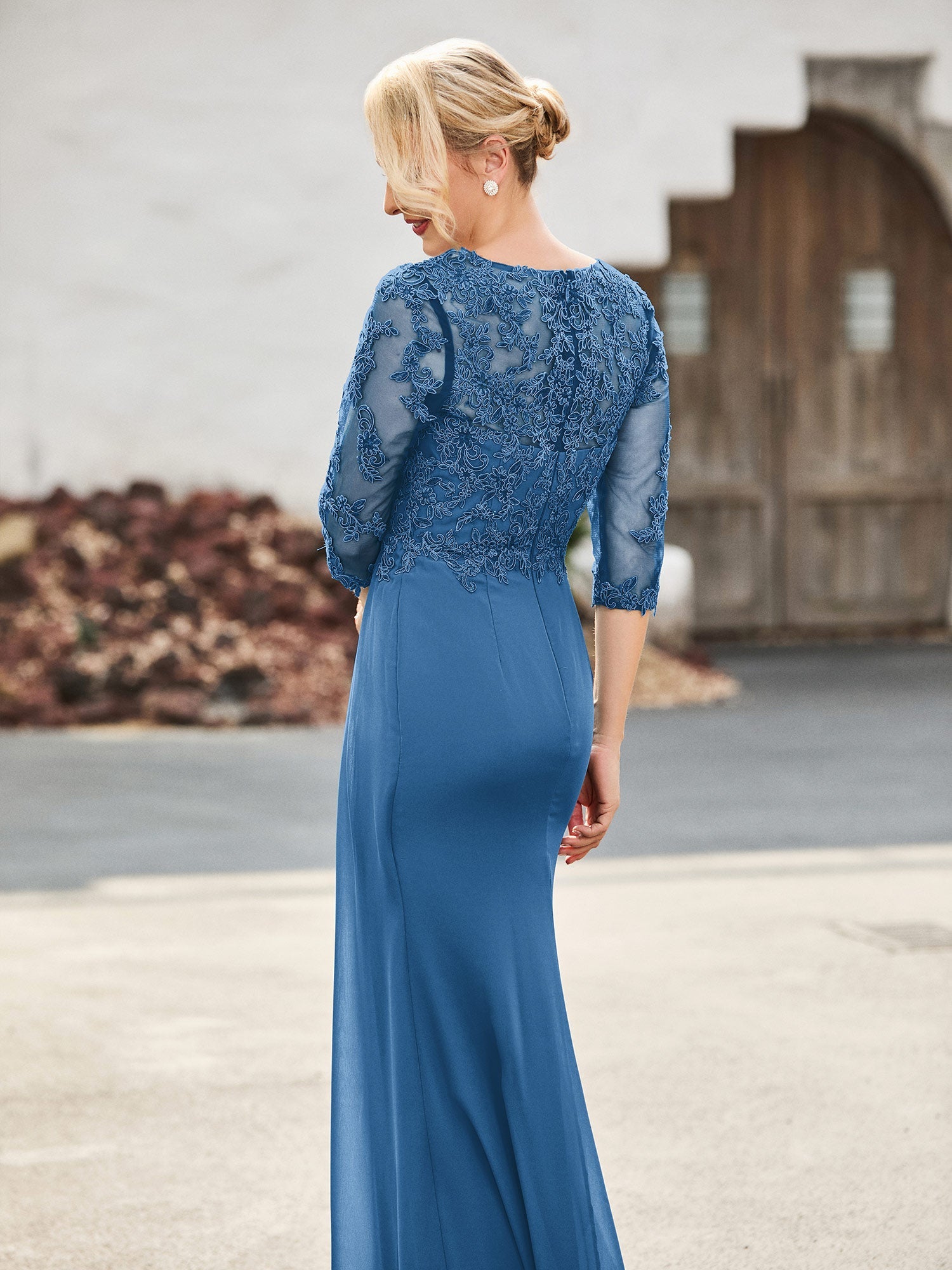 Steel Blue Lace Applique V-Neck 3/4 Sleeve Chiffon Formal Evening Gown