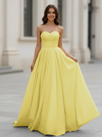 Vestido formal de satén amarillo narciso, sin tirantes, escote corazón, plisado, corte A, largo hasta el tobillo, con cola para graduaciones y eventos de boda