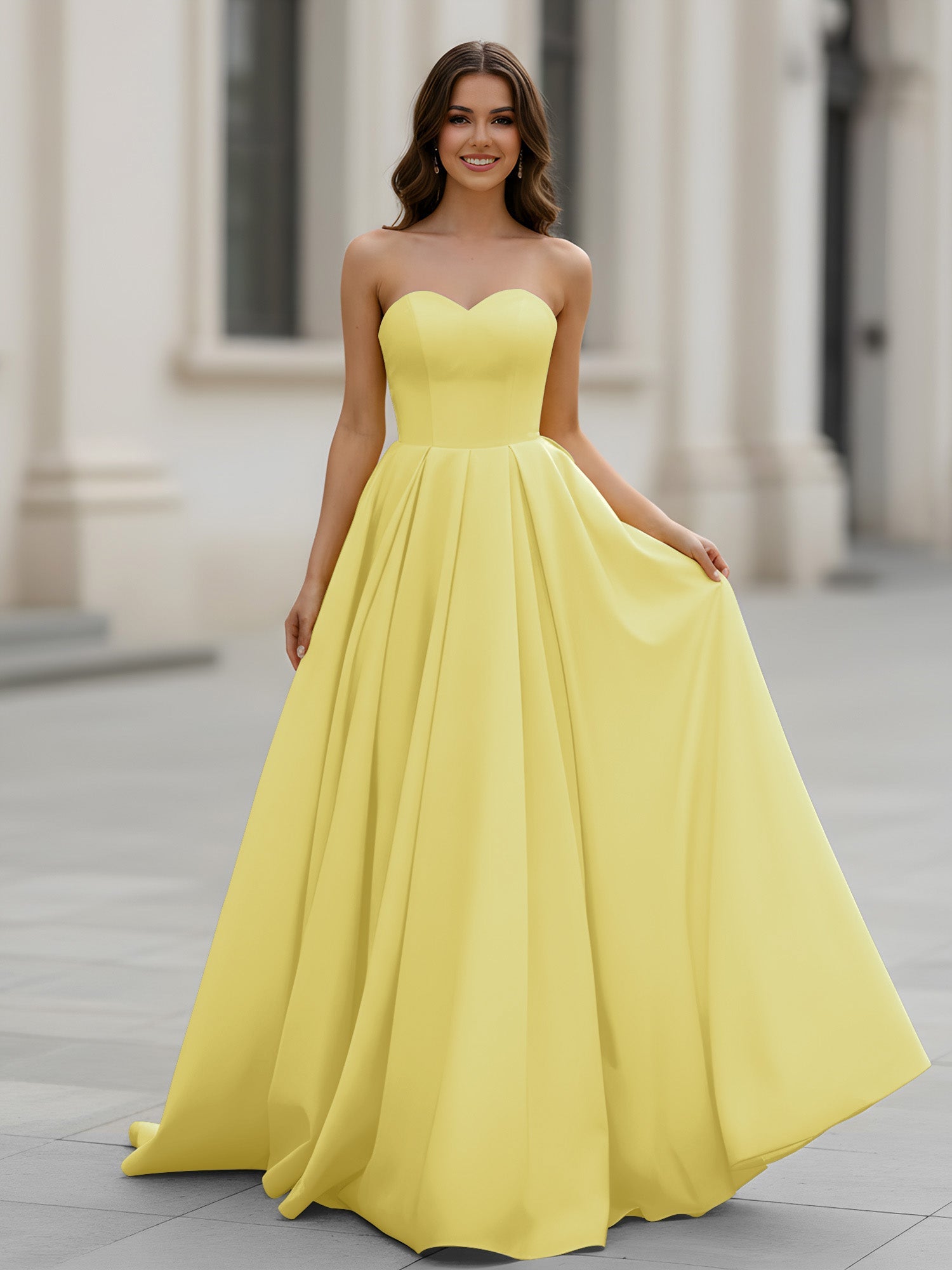 Vestido formal de satén amarillo narciso, sin tirantes, escote corazón, plisado, corte A, largo hasta el tobillo, con cola para graduaciones y eventos de boda