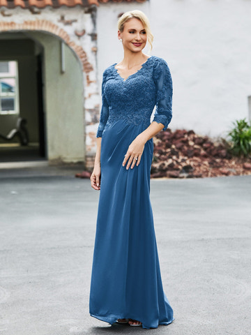 Steel Blue Lace Applique V-Neck 3/4 Sleeve Chiffon Formal Evening Gown