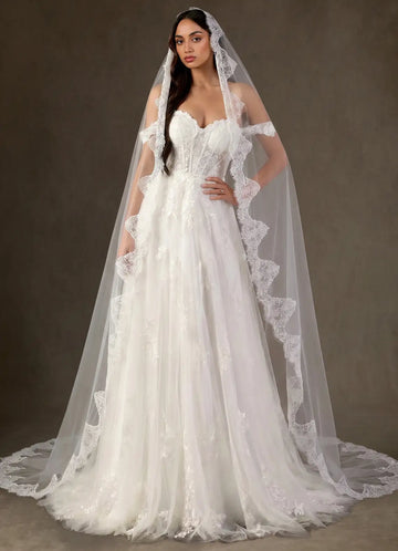 Romantic Sheer Tulle Scalloped Floral Lace Cathedral Mantilla Bridal Wedding Veil