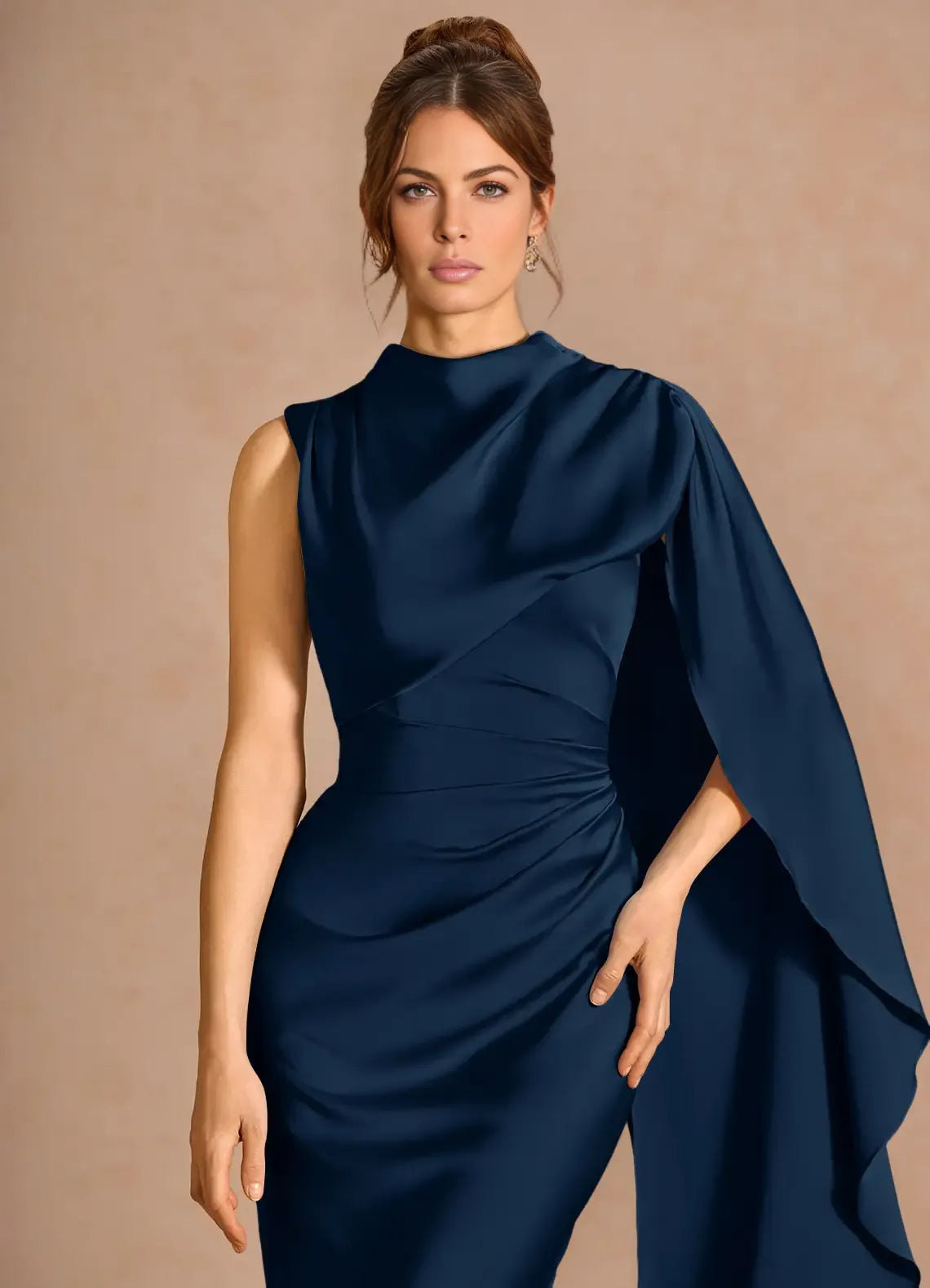 Luxury Mermaid Highneck Sleeveless Satin Maxi Cape Lace-up Formal Evening Dress