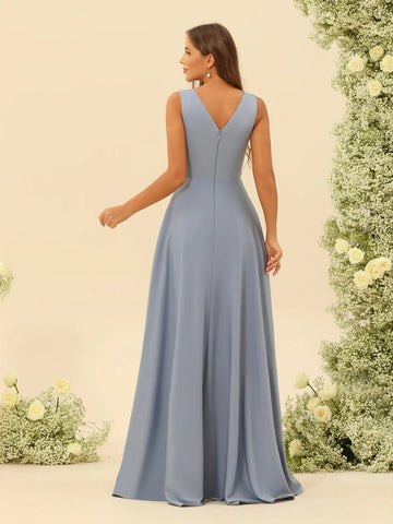 Graceful A Line V Neck Sleeveless Evening Dress Chiffon Ruffle High Slit Formal Prom Dress