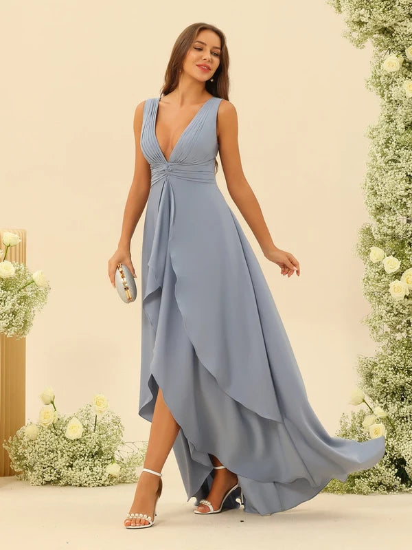 Graceful A Line V Neck Sleeveless Evening Dress Chiffon Ruffle High Slit Formal Prom Dress