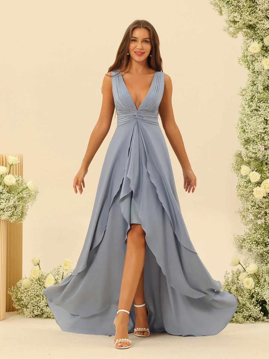 Graceful A Line V Neck Sleeveless Evening Dress Chiffon Ruffle High Slit Formal Prom Dress