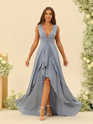 Graceful A Line V Neck Sleeveless Evening Dress Chiffon Ruffle High Slit Formal Prom Dress