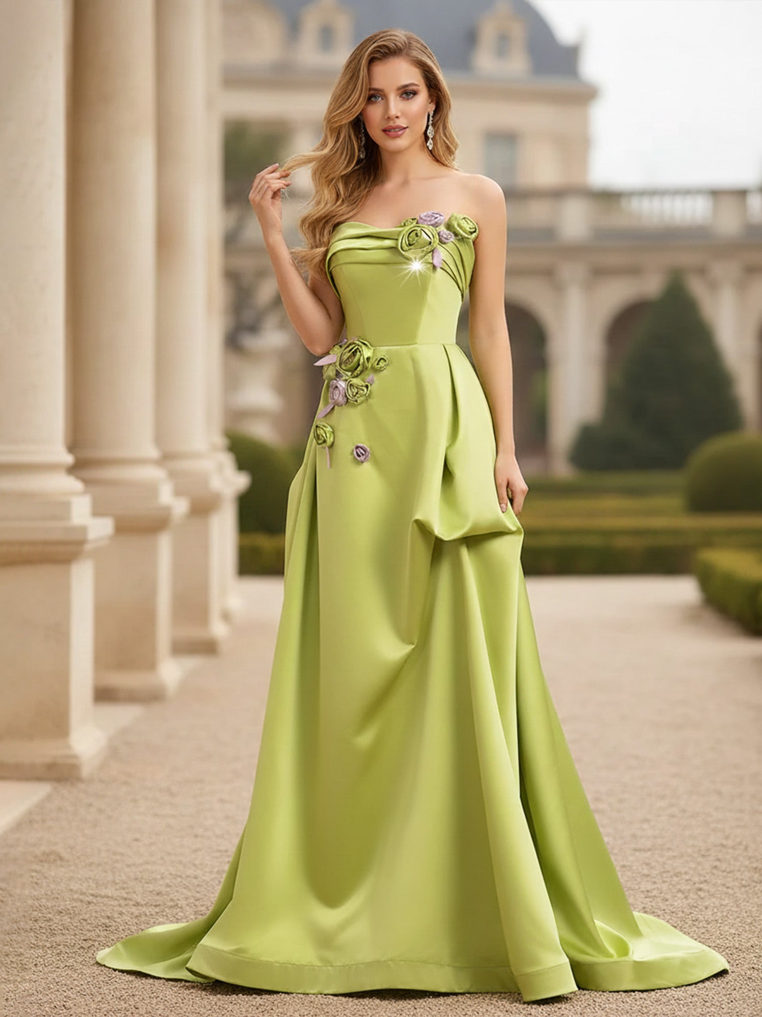 Glamorous Lime Green Satin Evening Gown Strapless with 3D Floral Appliqué and Dramatic A-Line Skirt