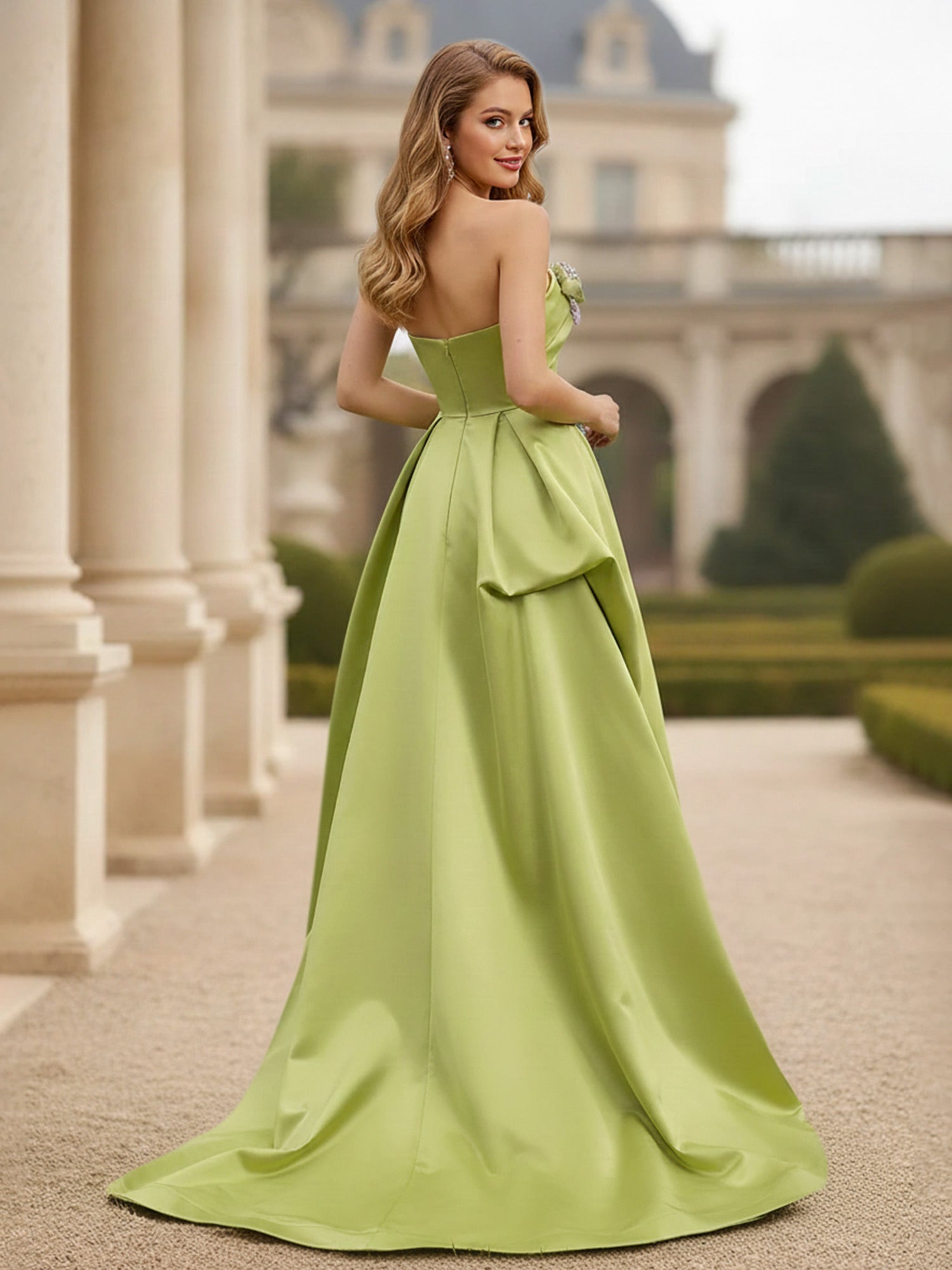 Glamorous Lime Green Satin Evening Gown Strapless with 3D Floral Appliqué and Dramatic A-Line Skirt