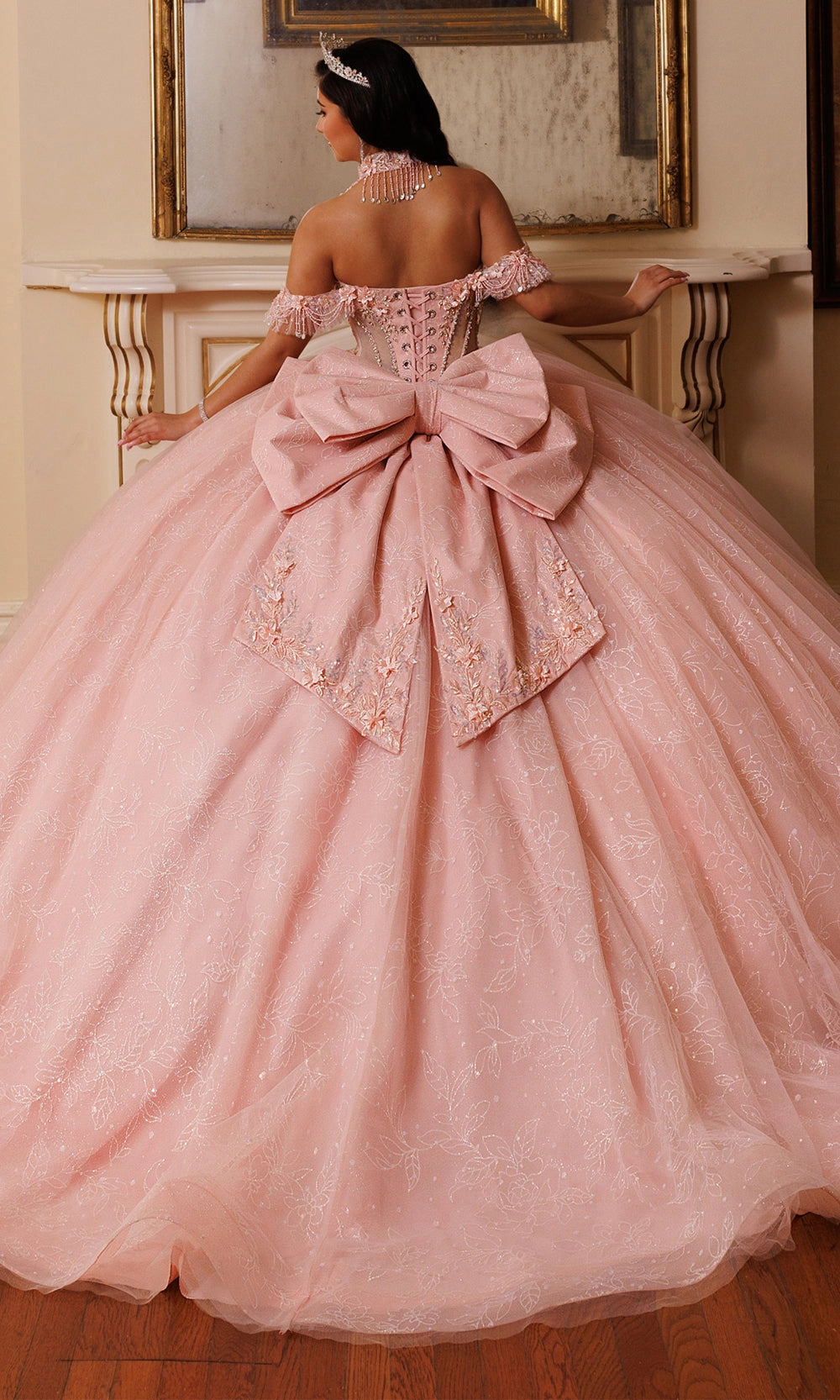 Vedress blush pink quinceanera dress lace‑up corset back sweep train big embroidered bow ballgown back view