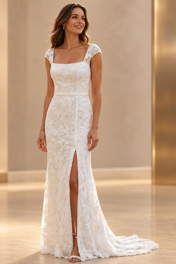 Vedress daisy floral lace wedding dress with a square neckline, cap sleeves, narrow waistband and high front slit, front view