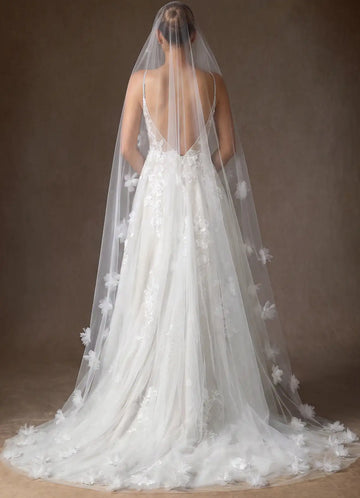 Dreamy Sheer Tulle 3D Floral Chapel Length Bridal Wedding Veil