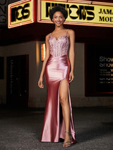 Satin Spaghetti Strap Formal Gown Lace Corset Bodice Ruched High Slit Mermaid Maxi Dress for Prom and Black-Tie Events