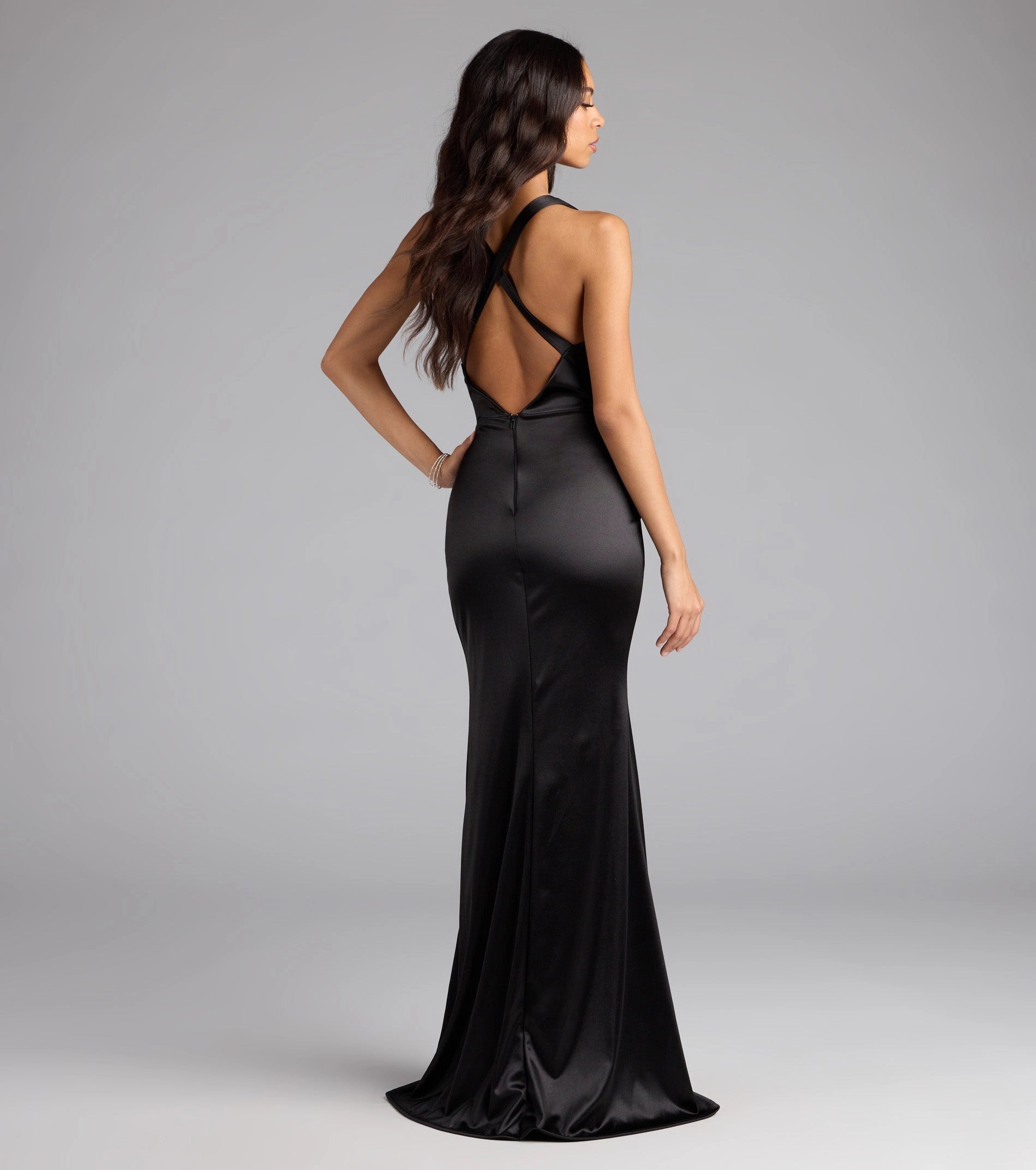 White Mermaid Deep V Halter Closed Back Long Prom Dress