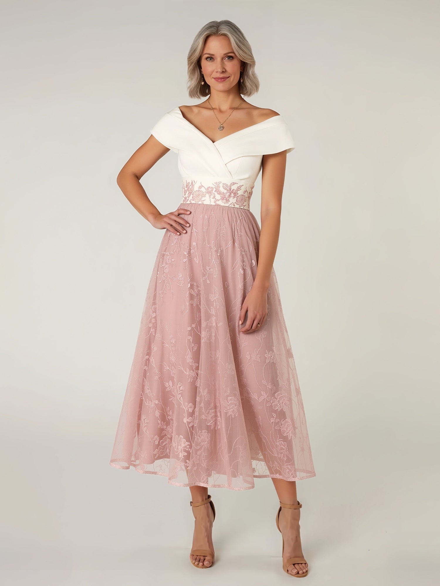 White & Blush Pink Off-the-Shoulder Embroidered Midi Dress – Formal Cocktail Gown