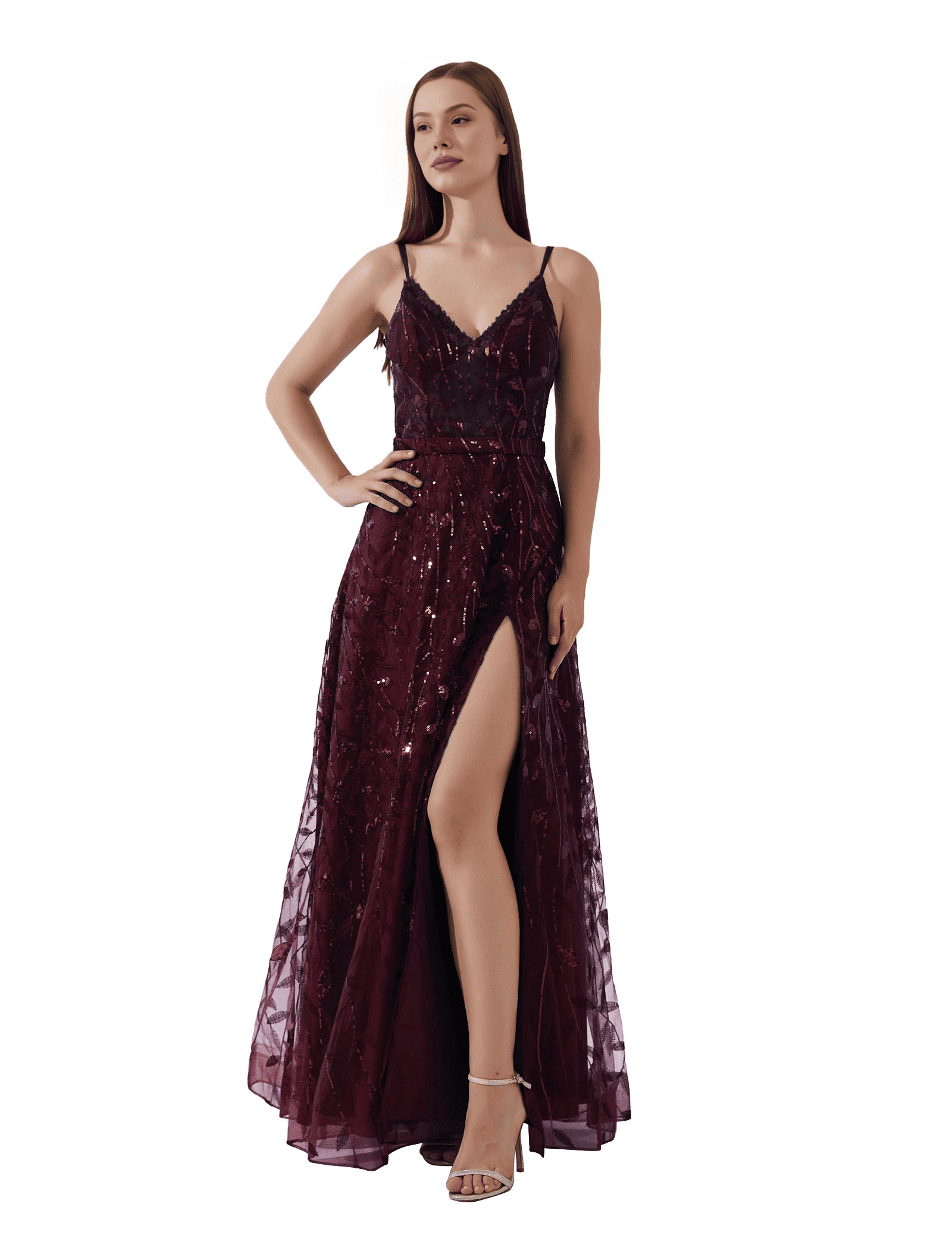 Vestido de noche largo con tirantes finos, cuello de pico, espalda descubierta, línea A y lentejuelas elegantes para baile de graduación