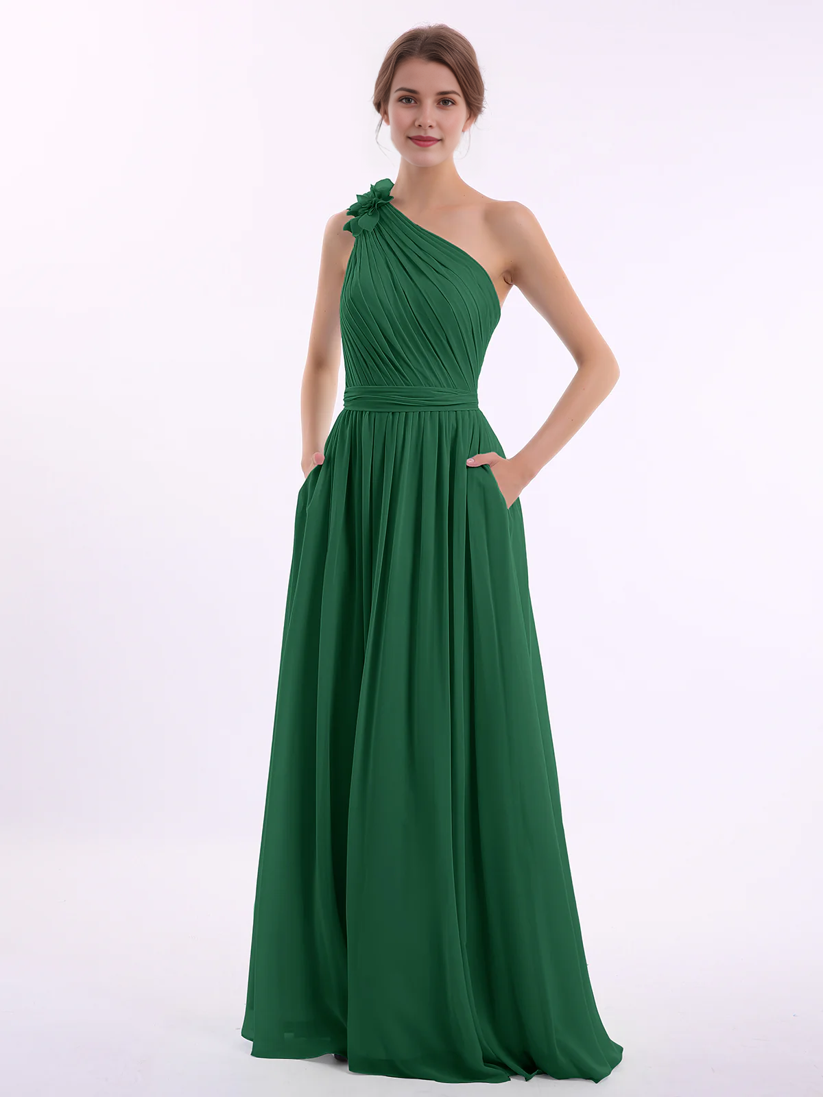 One Shoulder 3D Flower Ruched Chiffon Bridesmaid Maxi Dress with Pockets & Open Back Sash