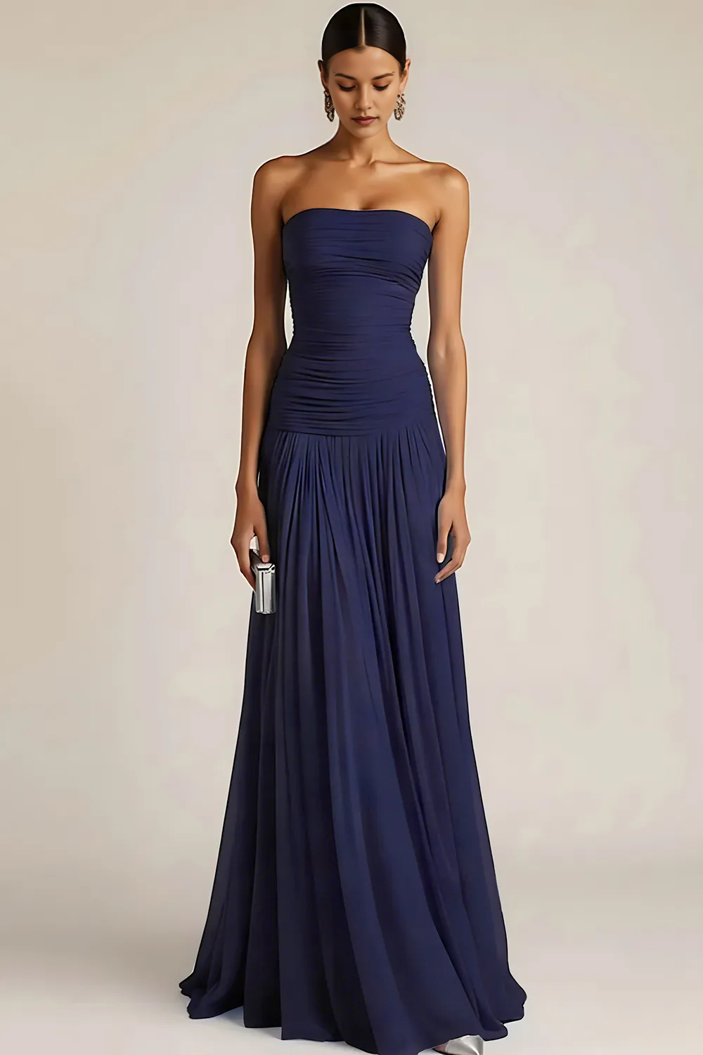 Strapless Ruched Bodice Chiffon A-Line Maxi Dress