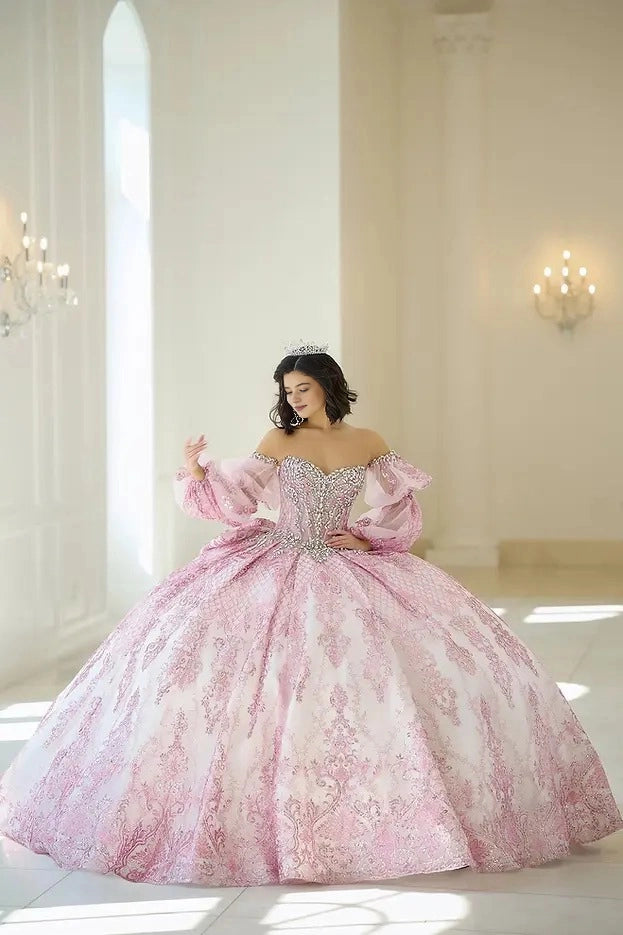 Ball Gown Strapless Sweetheart Detachable Puff Sleeves Glitter Lace Corset Back Big Bow Quinceanera Dress