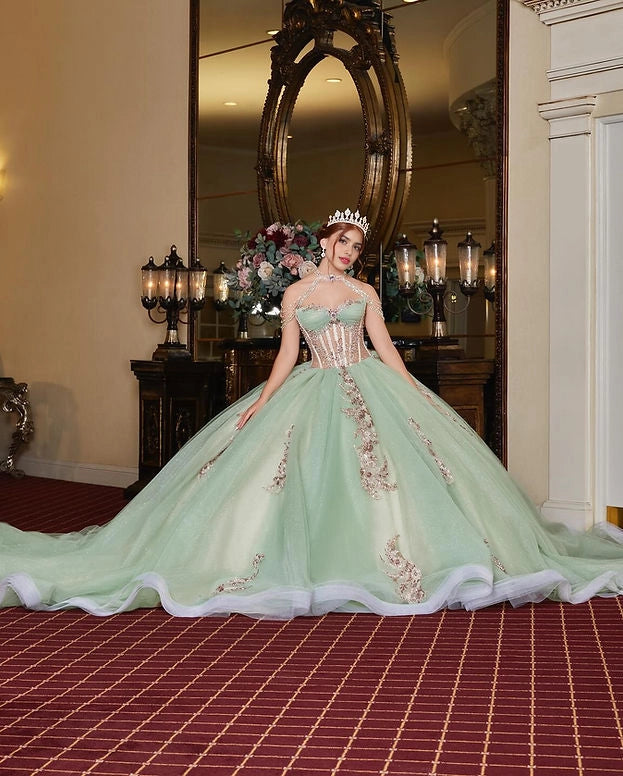 Ball Gown Beaded Strap Corset Back Big Bow Quinceañera Dress