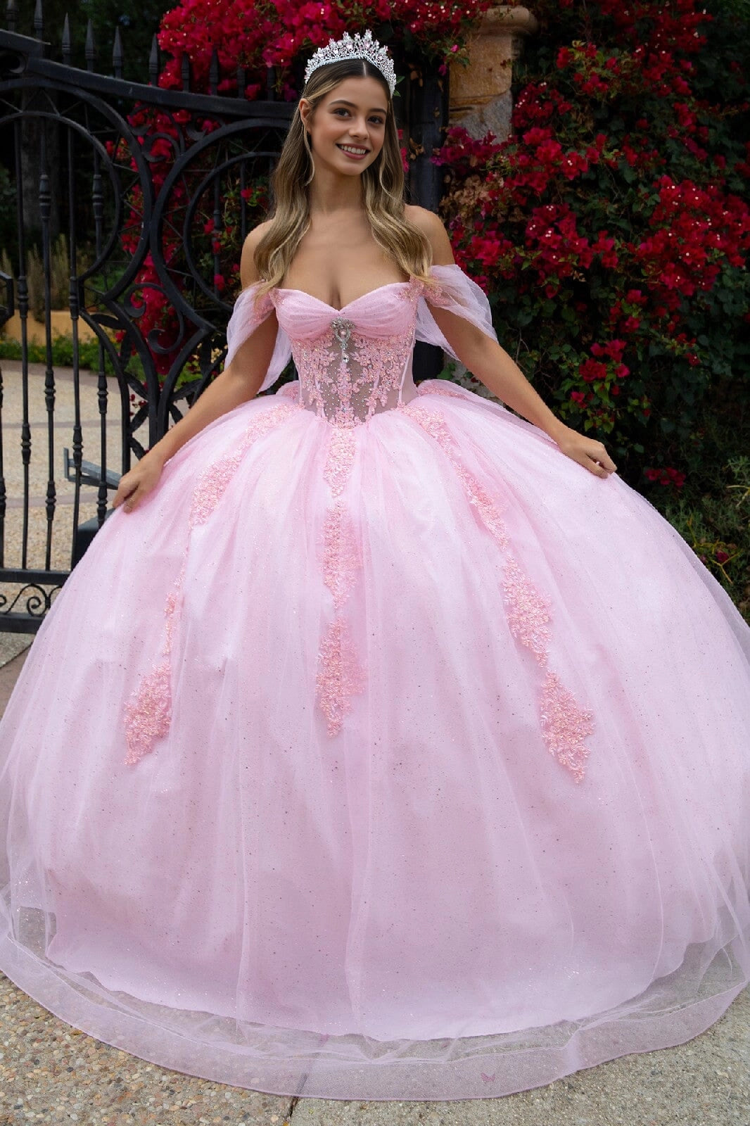 Elegant Ball Gown Off‑Shoulder Tulle Flutter Sleeve Lace‑Up Back Cathedral Train Quinceanera Dress
