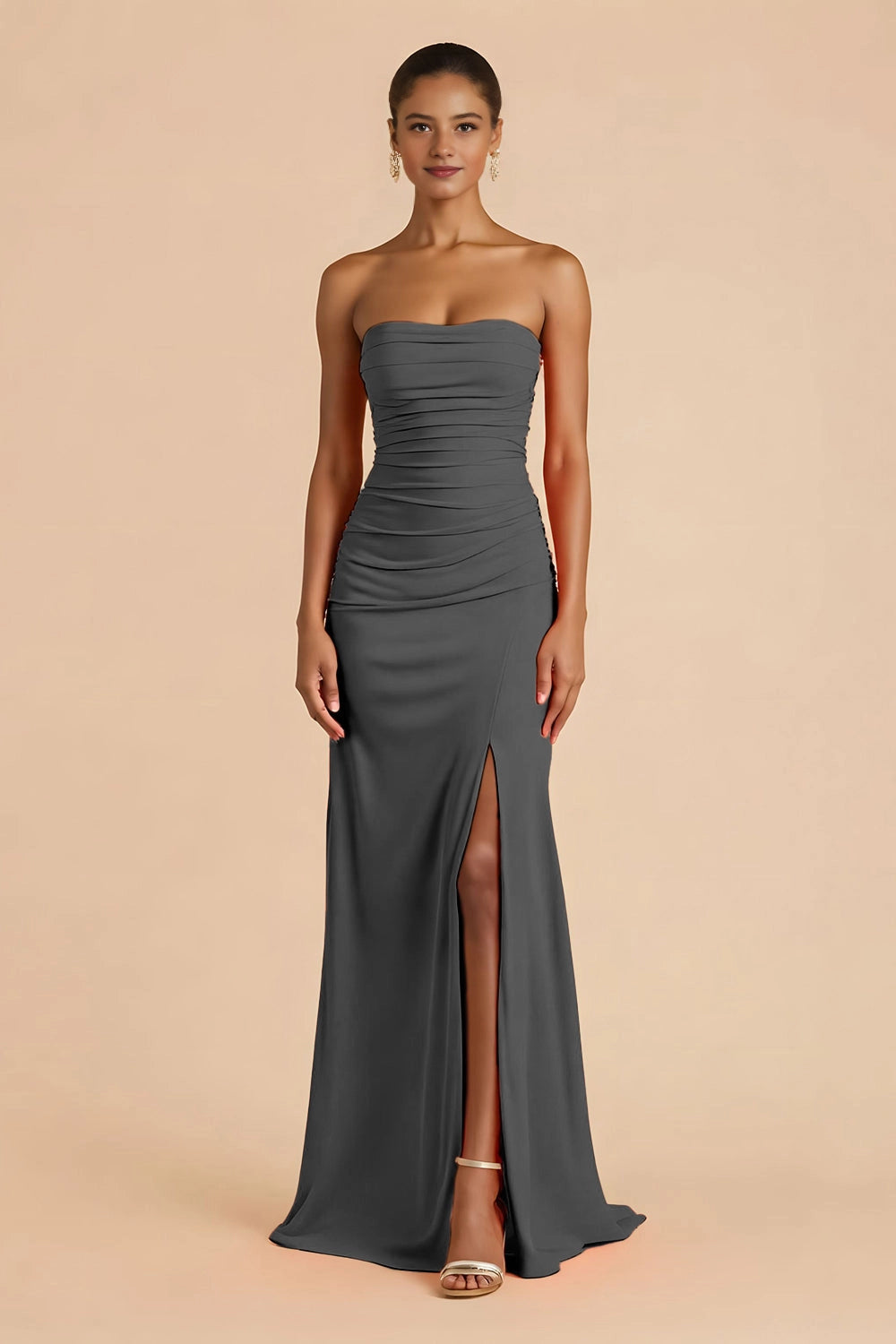 Solid Mermaid Strapless Sleeveless Crisscross Back Maxi Wedding Guest Dress