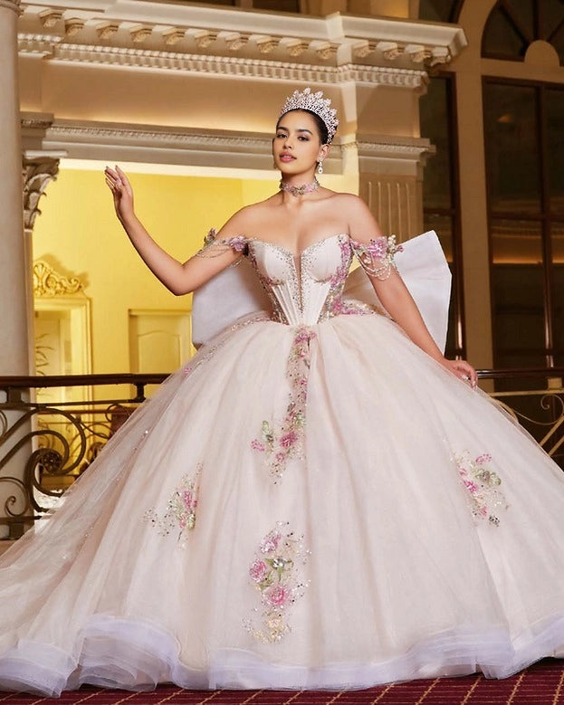Ball Gown Off Shoulder Corset Back Floral Big Bow Quinceañera Dress