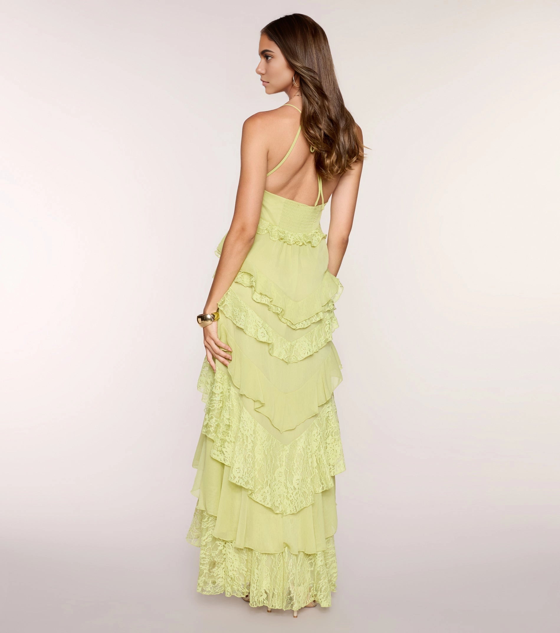 Ivory A Line Deep V Halter Tie Back Tiered Lace Long Prom Dress