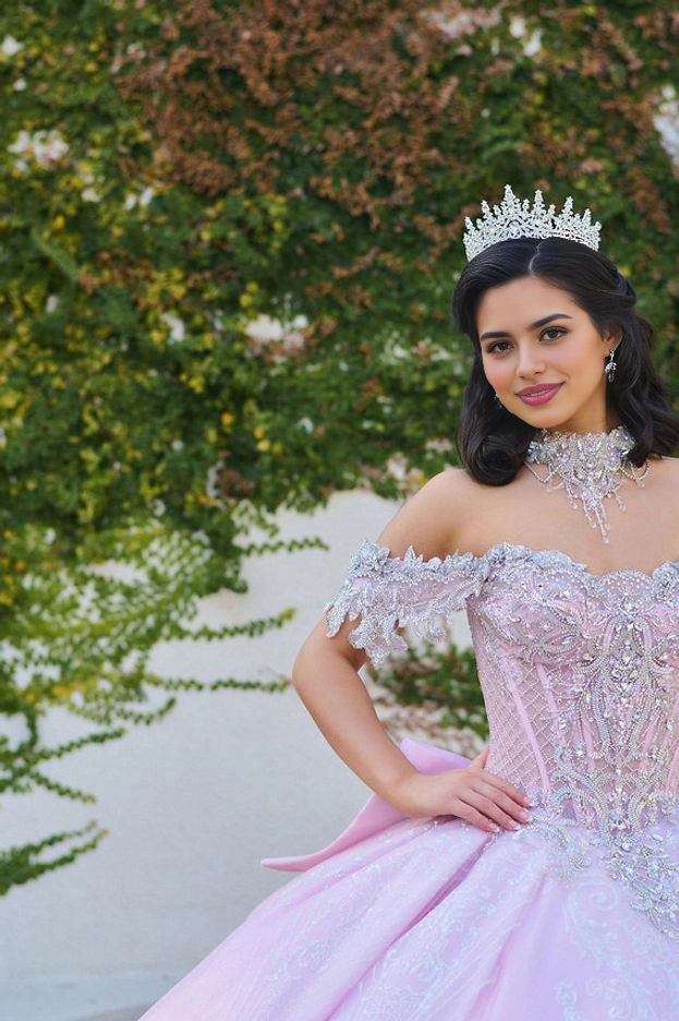 Ball Gown Off Shoulder Beaded Bow Long Train Quinceañera Dress