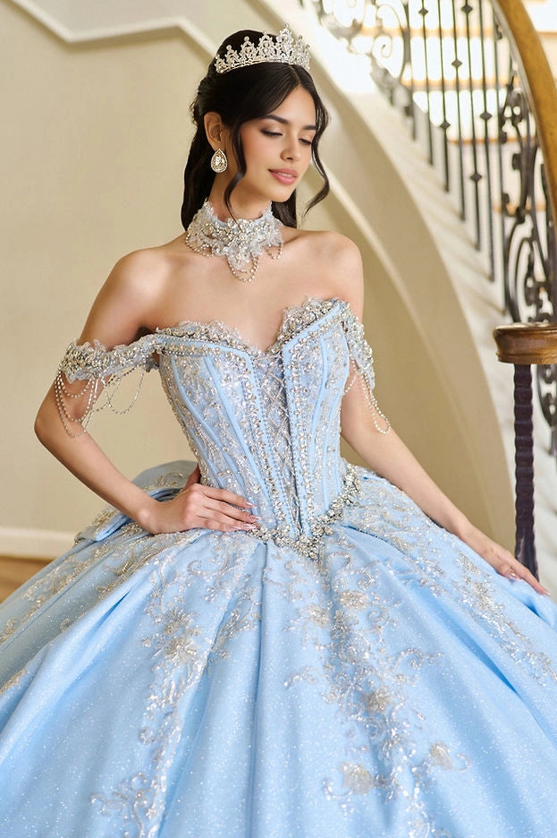 Ball Gown Off Shoulder Beaded Bow Train Cinderella Quinceañera Dress