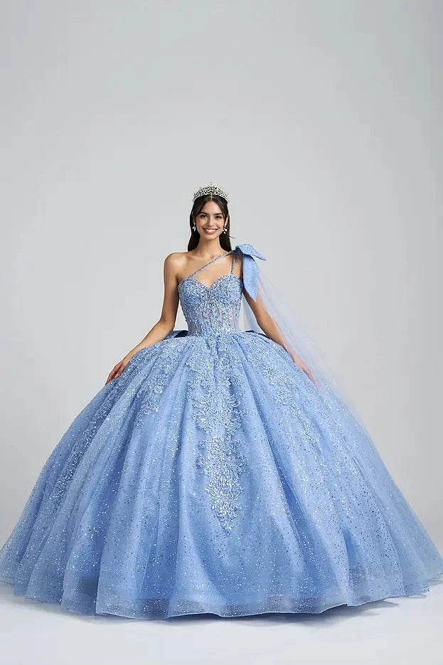 Ball Gown Sweetheart One Shoulder Cape Bow Corset Quinceañera Dress