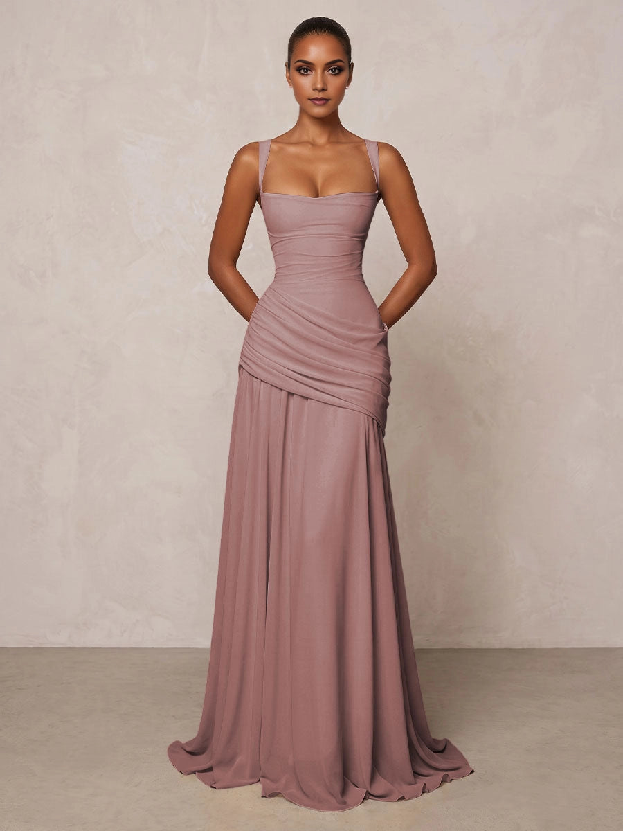Graceful A‑Line Square‑Neck Sleeveless Crisscross‑Back Floor‑Length Bridesmaid Prom Dress