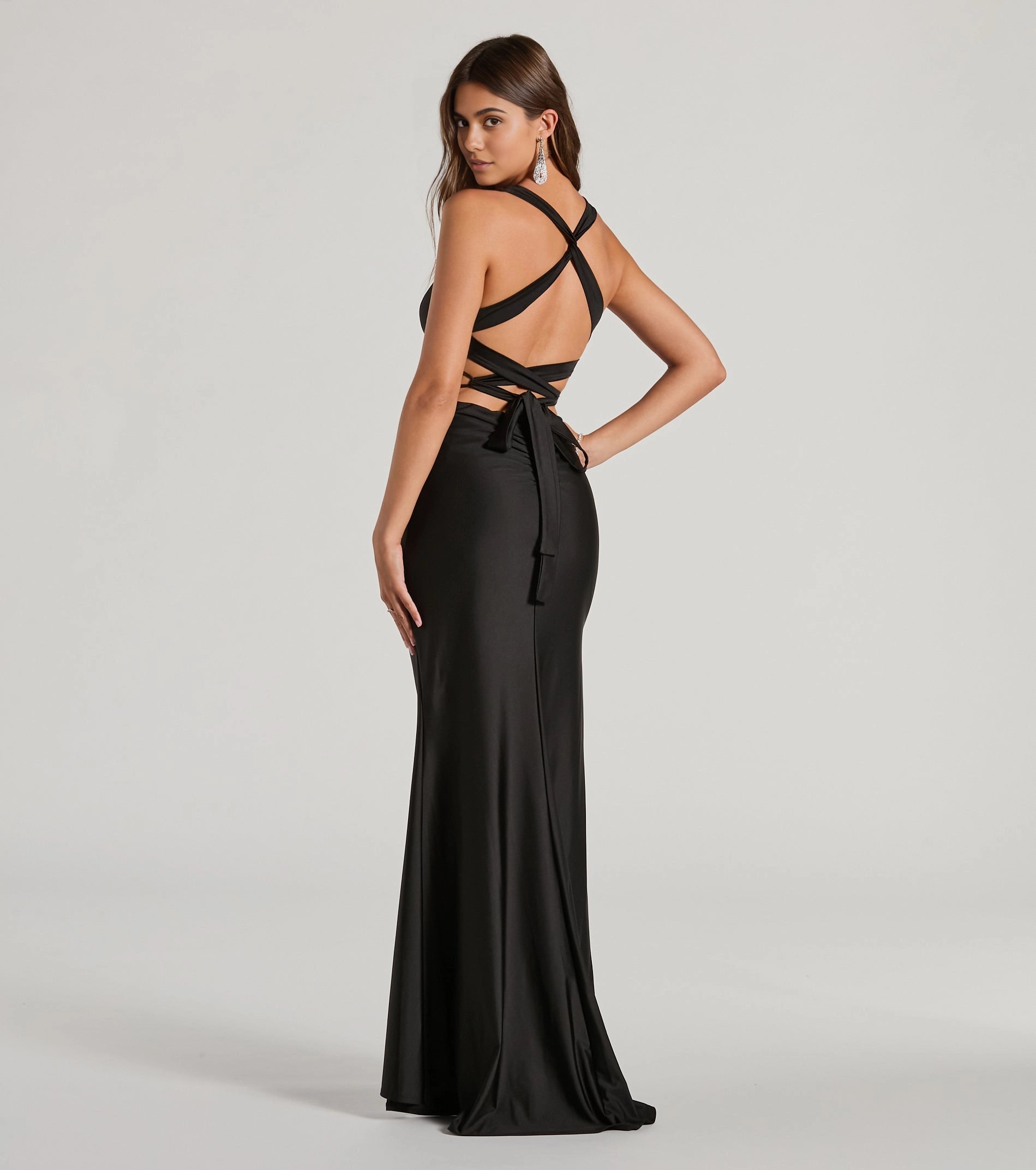 Pale Yellow Mermaid Halter Deep V Wrap Tie Back Long Prom Dress 