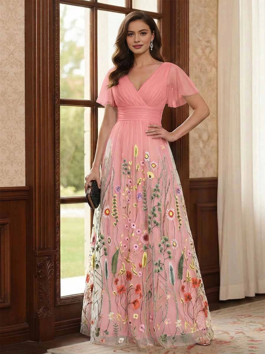 Gorgeous Black A‑Line V‑Neck Flutter‑Sleeve V‑Back Floor‑Length Floral Embroidered Mother Of The Bride Dress
