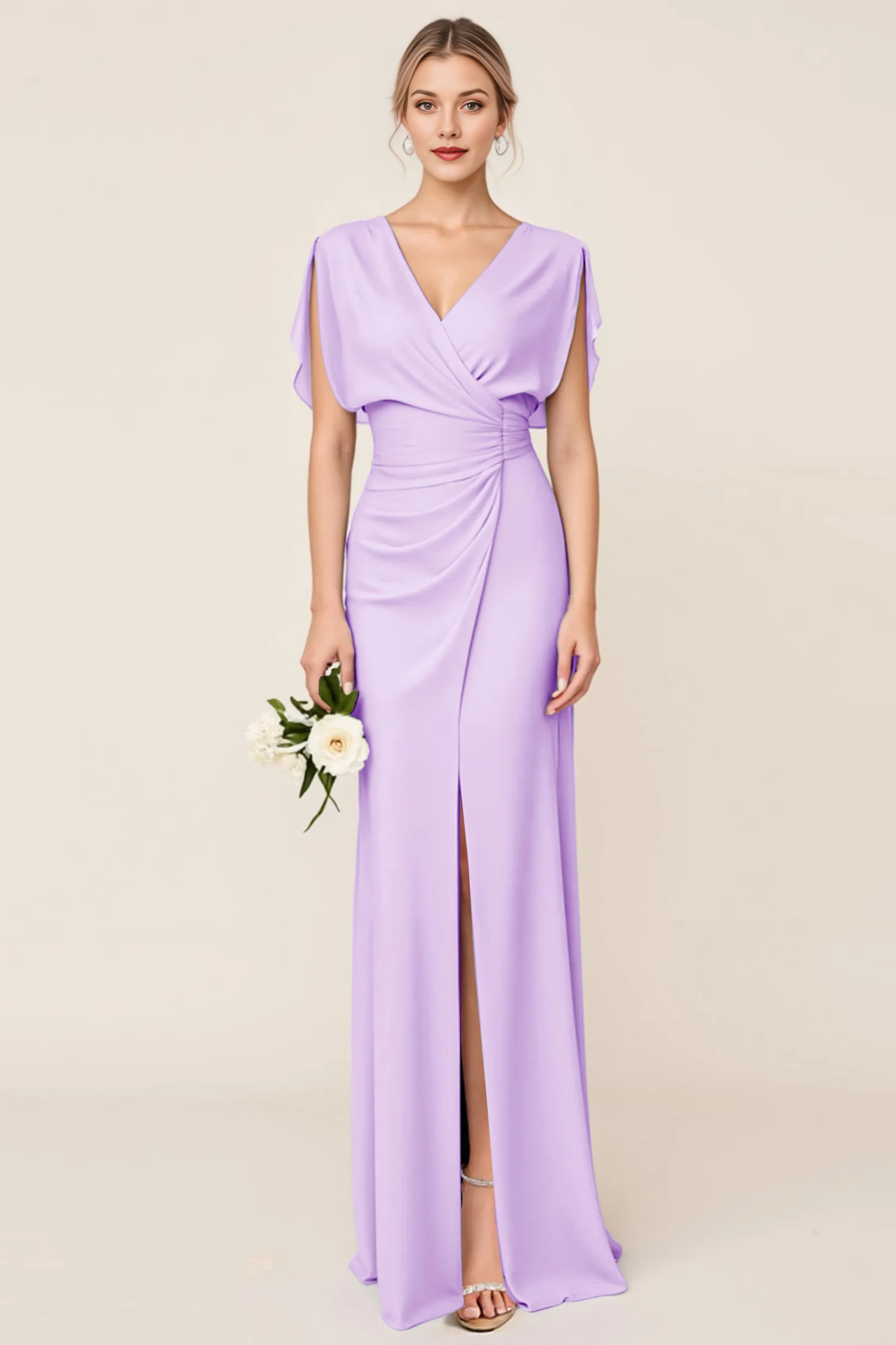 V-Neck Draped Sleeve Chiffon Bridesmaid Dress with Ruched Waist & Slit