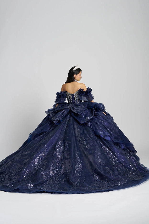 Ball Gown Off Shoulder Ruffle Bow Long Train Quinceañera Dress