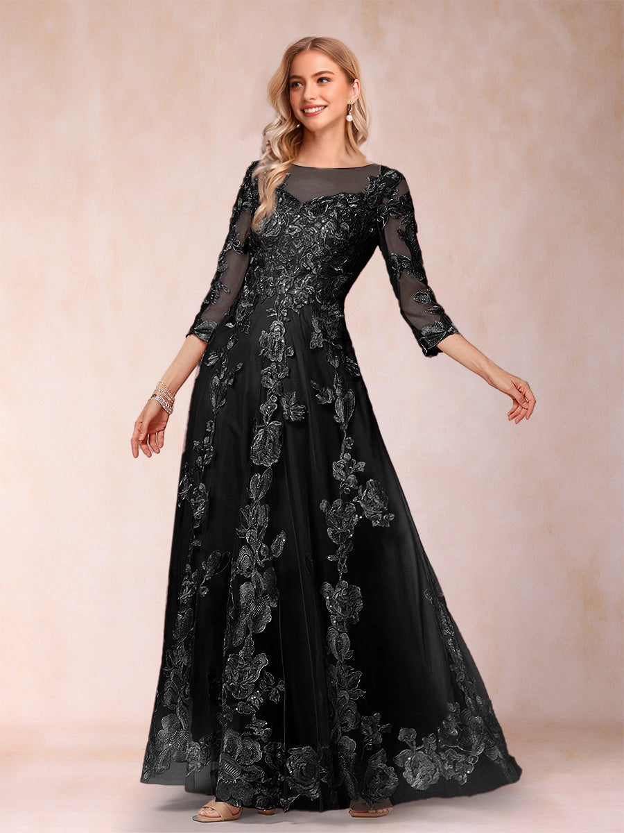 Romantic A‑Line Illusion Round‑Neck 3/4‑Sleeve Keyhole‑Zip‑Back Floor‑Length Mother Of The Bride Dress