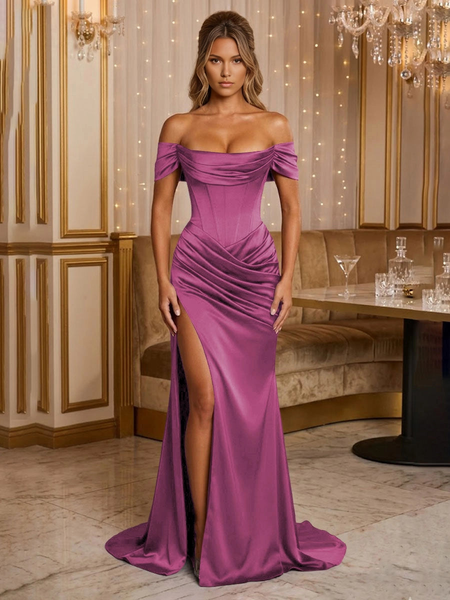Glamorous Mermaid Off‑Shoulder Short Sleeve Corset‑Back Slit Maxi Evening Dress
