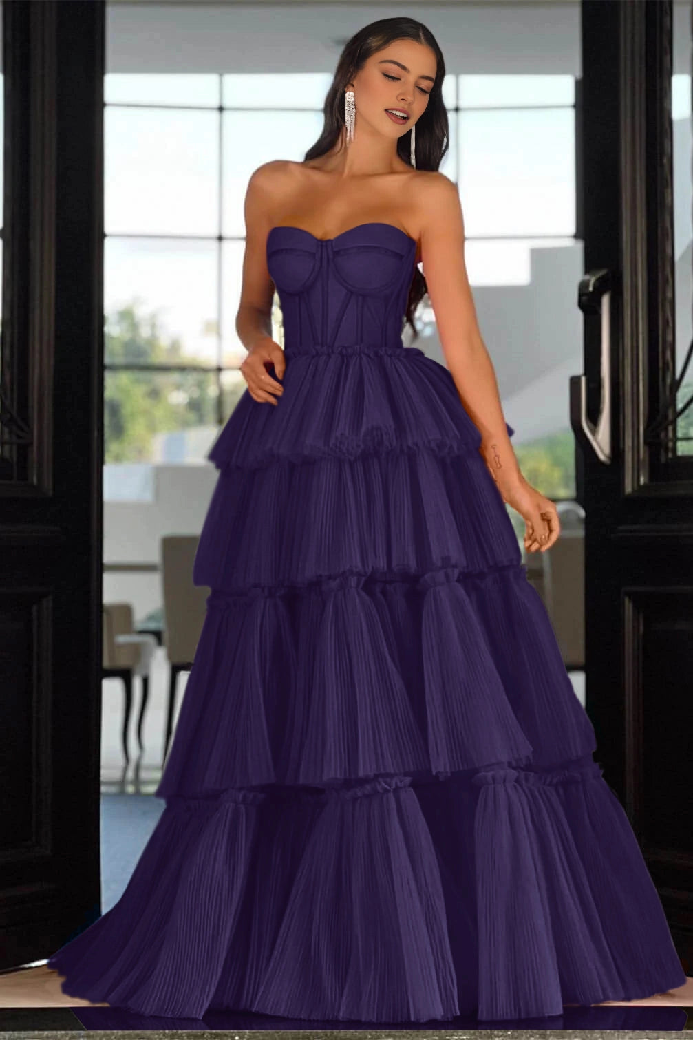 Vibrant Hot‑Pink A‑Line Strapless Sleeveless Lace‑Up‑Back Tiered Floor‑Length Prom Dress