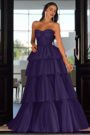 Vibrant Hot‑Pink A‑Line Strapless Sleeveless Lace‑Up‑Back Tiered Floor‑Length Prom Dress