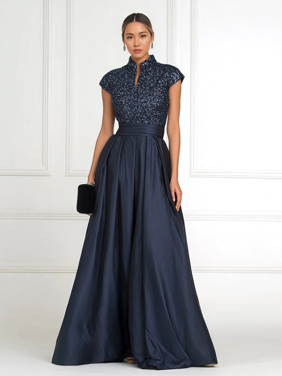 Luxury A-Line High-Neck Cap-Sleeve Zip-Back Floor-Length Plus Size Mother of the Bride Dress