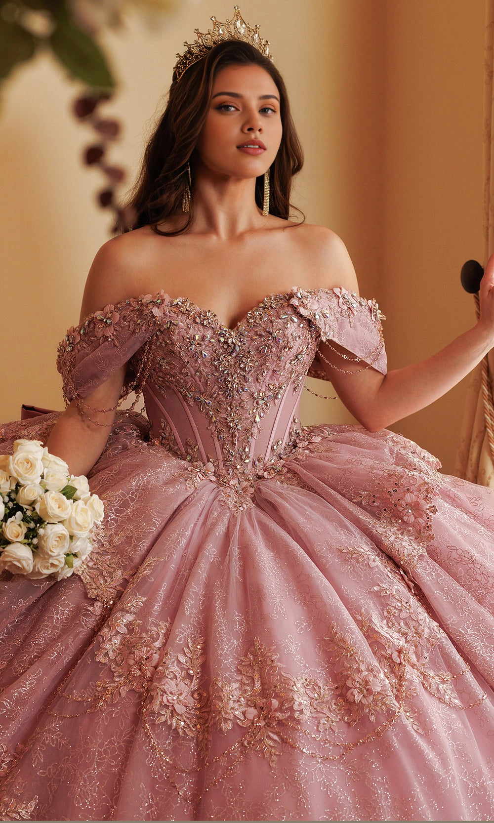 Regal Ball Gown Off‑Shoulder Chain Sleeve Lace‑Up Back Cathedral Train Quinceanera Dress