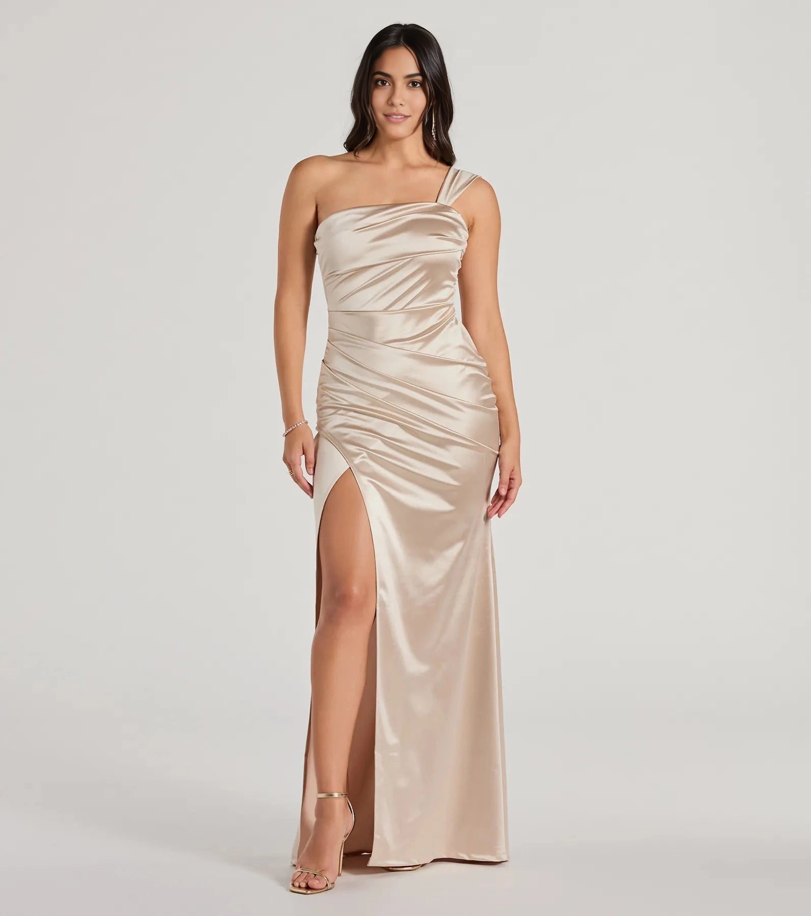 Vedress champagne satin mermaid prom gown one shoulder ruched high slit front view