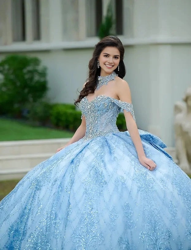 Sparkle Ball Gown Sweetheart Off Shoulder Open Back Train Quinceañera Dress