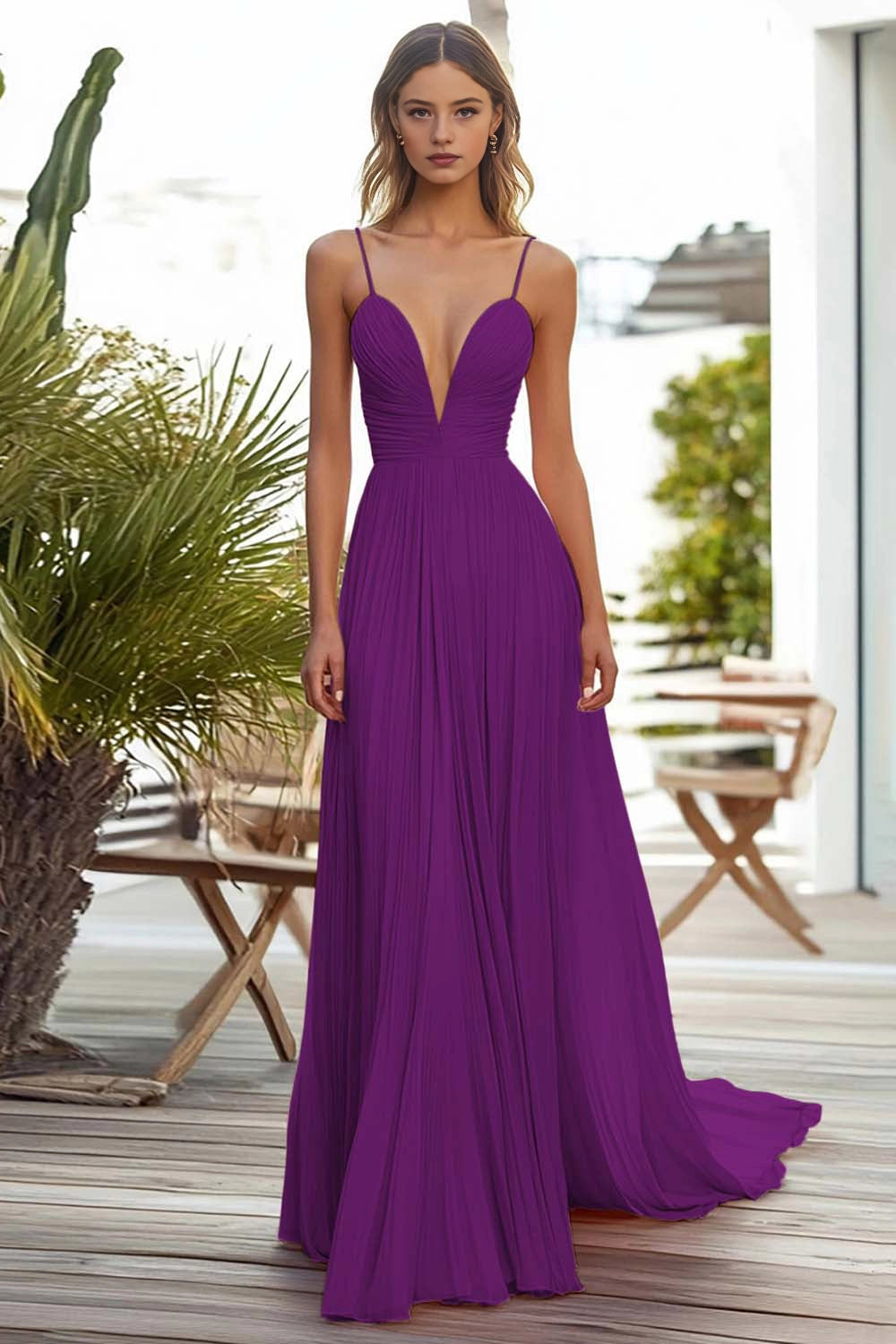 Pleated A Line V Neck Straps Lace Up Back Train Maxi Wedding Guest Dress