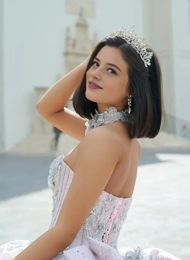 Sequined Ball Gown Sweetheart Off Shoulder Puff Sleeve Corset Train Quinceañera Dress