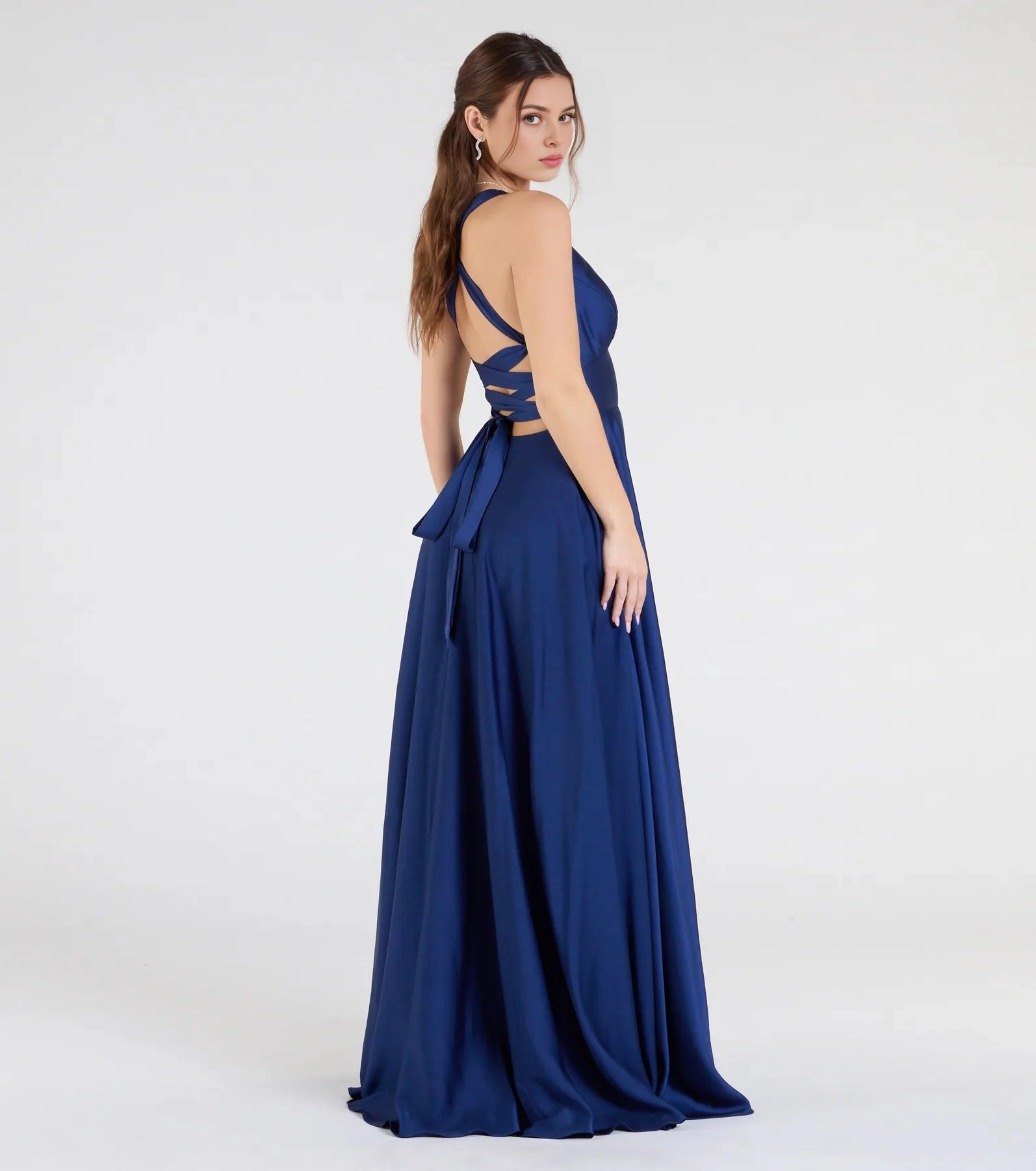 Roselle Dress blue formal dress halter criss cross lace up back bow long prom dress rear view