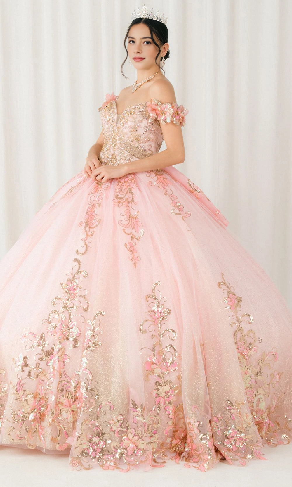 Glam Ball Gown Off‑Shoulder Floral Sleeve Lace‑Up Back Sweep Train Quinceanera Dress