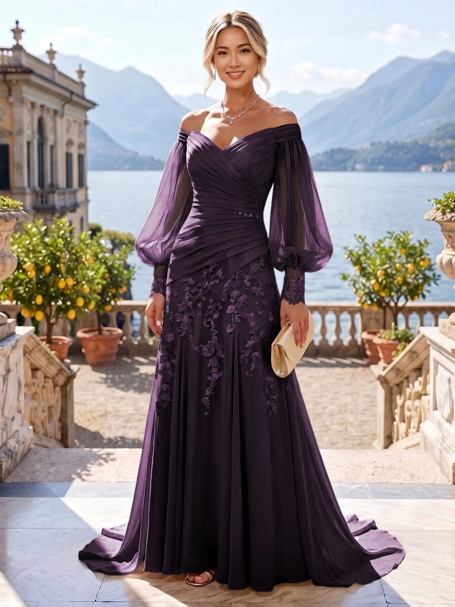 Romantic Mermaid Off-Shoulder Puff-Sleeve Zip-Back Sweep-Train Plus Size Mother of the Bride Dress