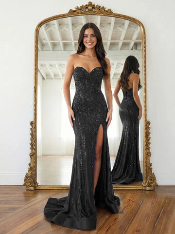 Glamorous Mermaid Sweetheart Strapless Low-Back Floor-Length Sparkly Slit Prom Dress