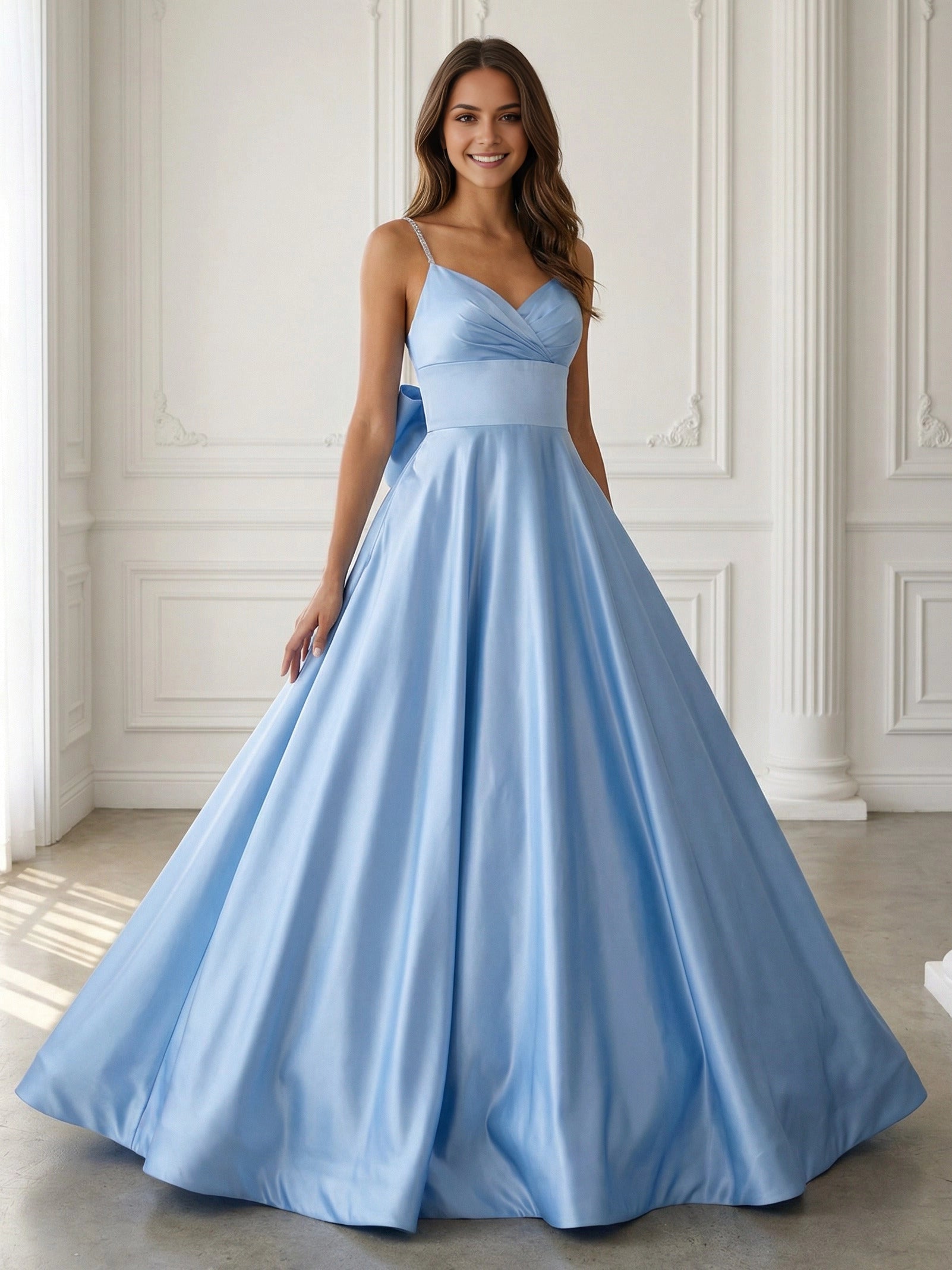 Elegant A‑Line V‑Neck Beaded‑Strap Sleeveless Bow‑Back Floor‑Length Prom Dress